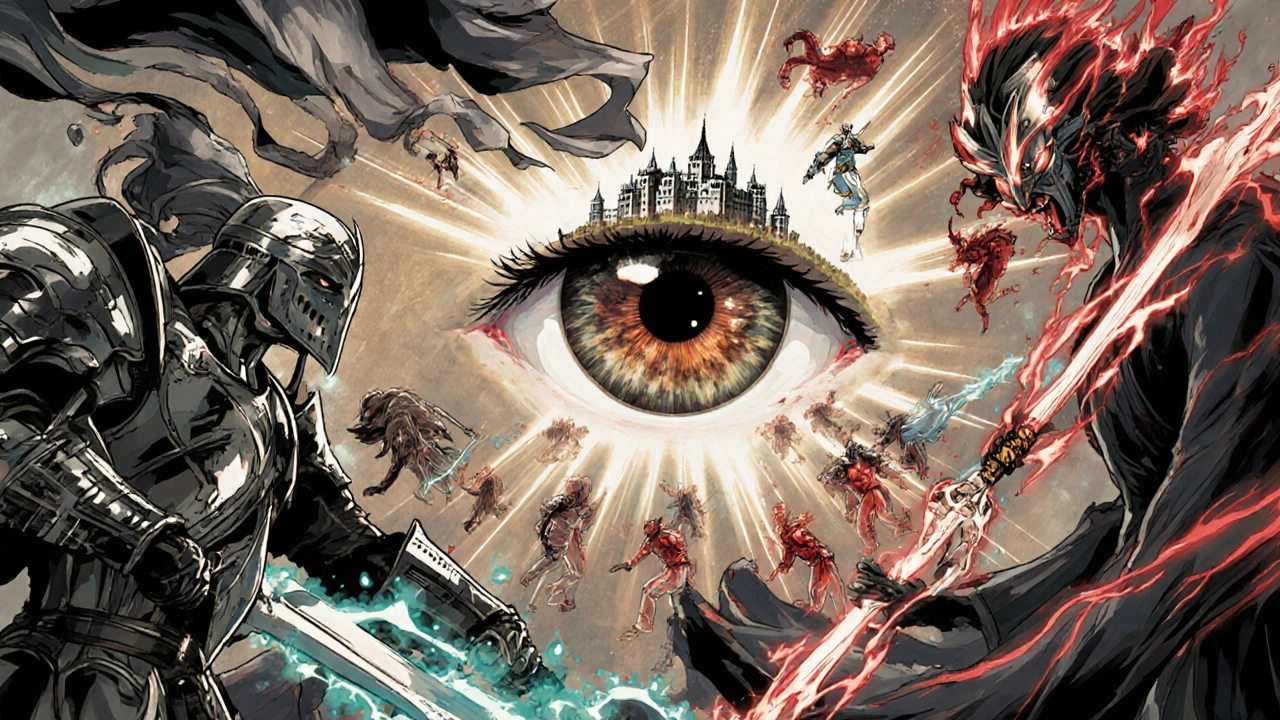 A battlefield of eye drop treatments as warriors fighting inflammation inside a glowing eye.