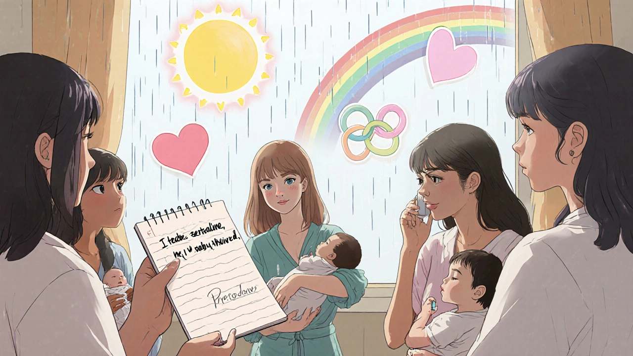 A diverse group of new mothers in a support group, one holding a note saying 'I took sertraline. My baby thrived,' with healing symbols floating above.