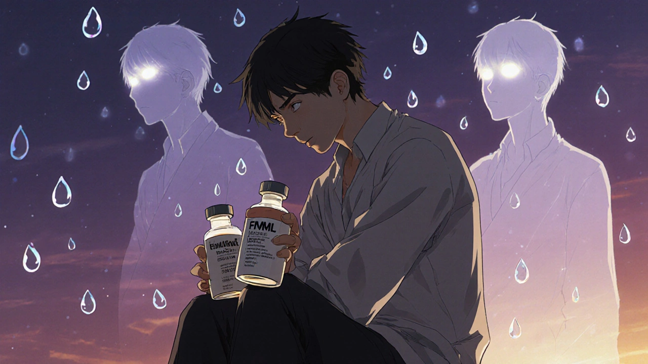 A patient holding eye drop vials as spectral versions of themselves appear under a twilight sky.