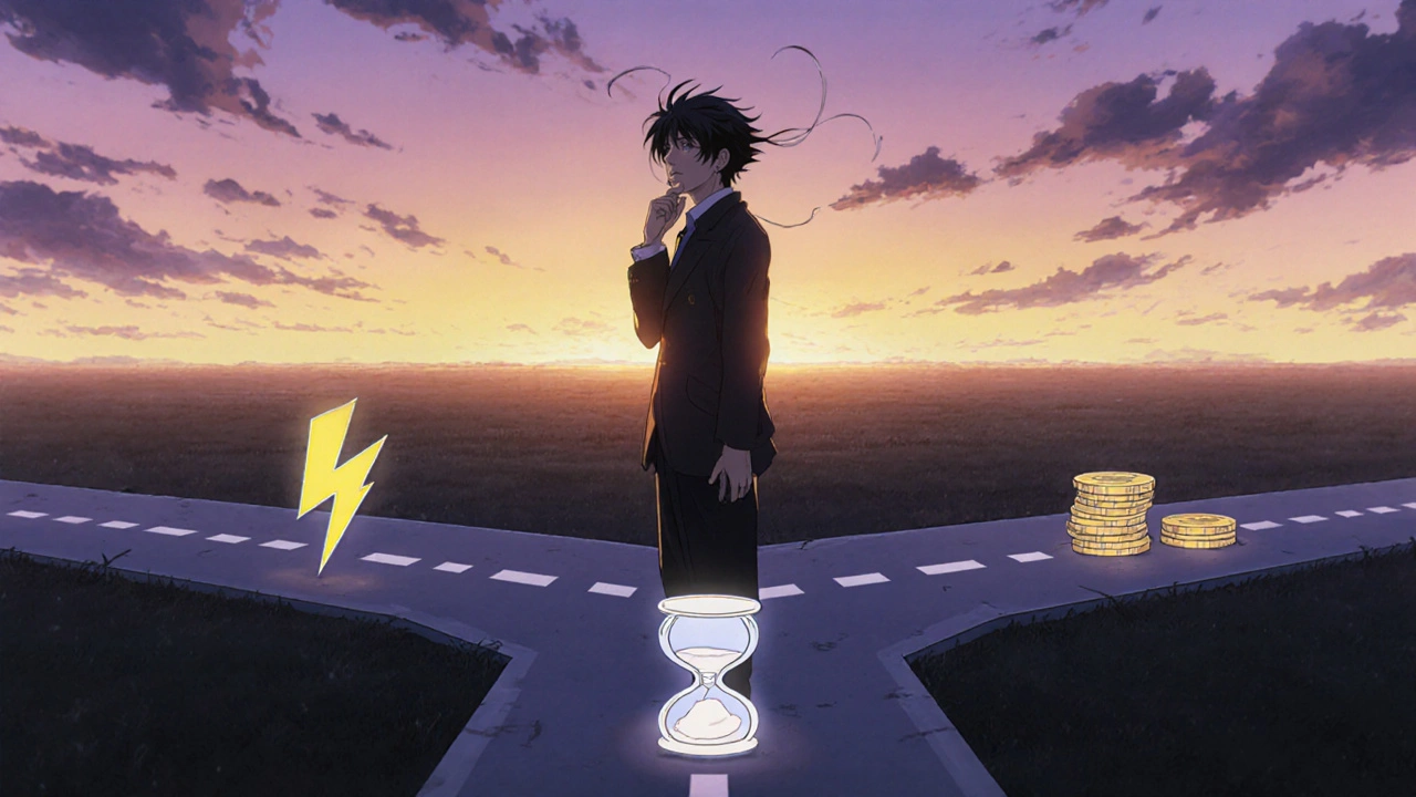 Anime character at a twilight crossroads, each path marked by symbols for speed, duration, and cost.