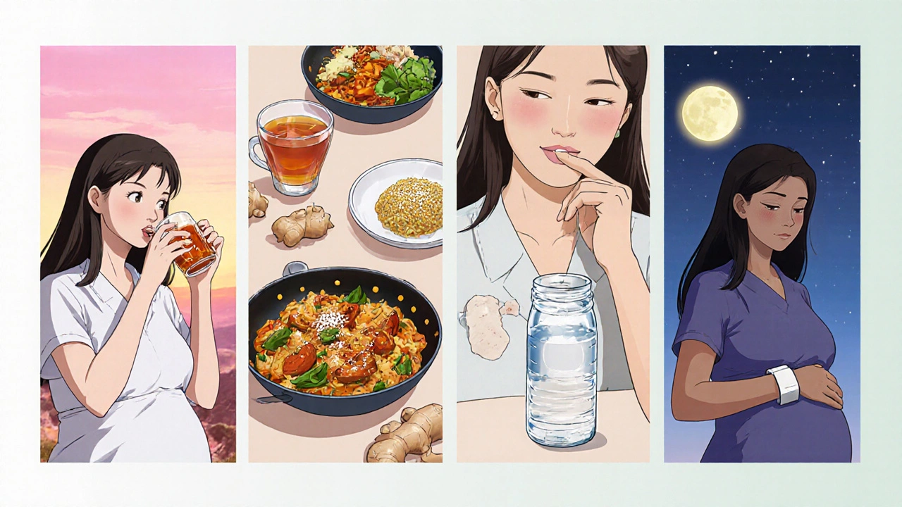 Anime panel sequence of a pregnant woman's daily ginger routine.