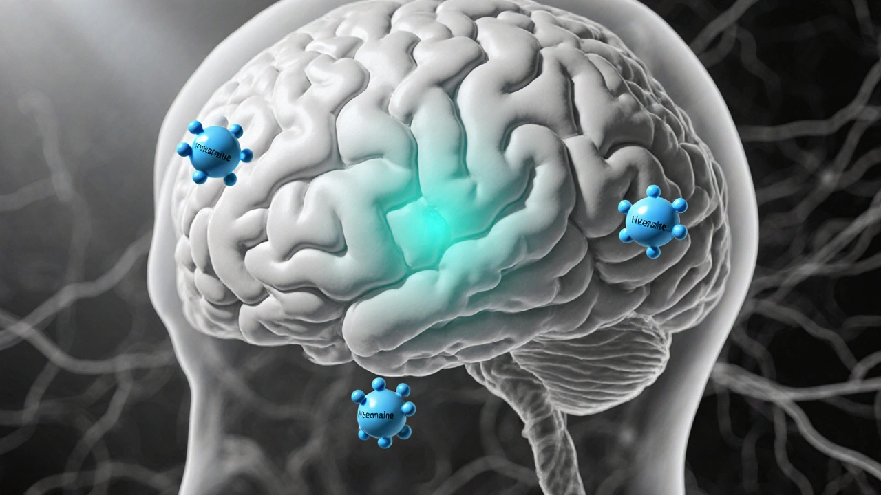 Brain illustration with teal-highlighted blocked histamine receptors.