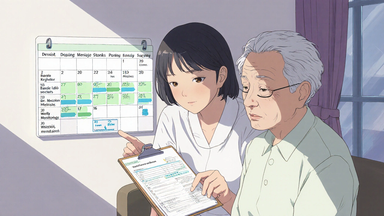 Caregiver and senior reviewing medication list and monitoring schedule.