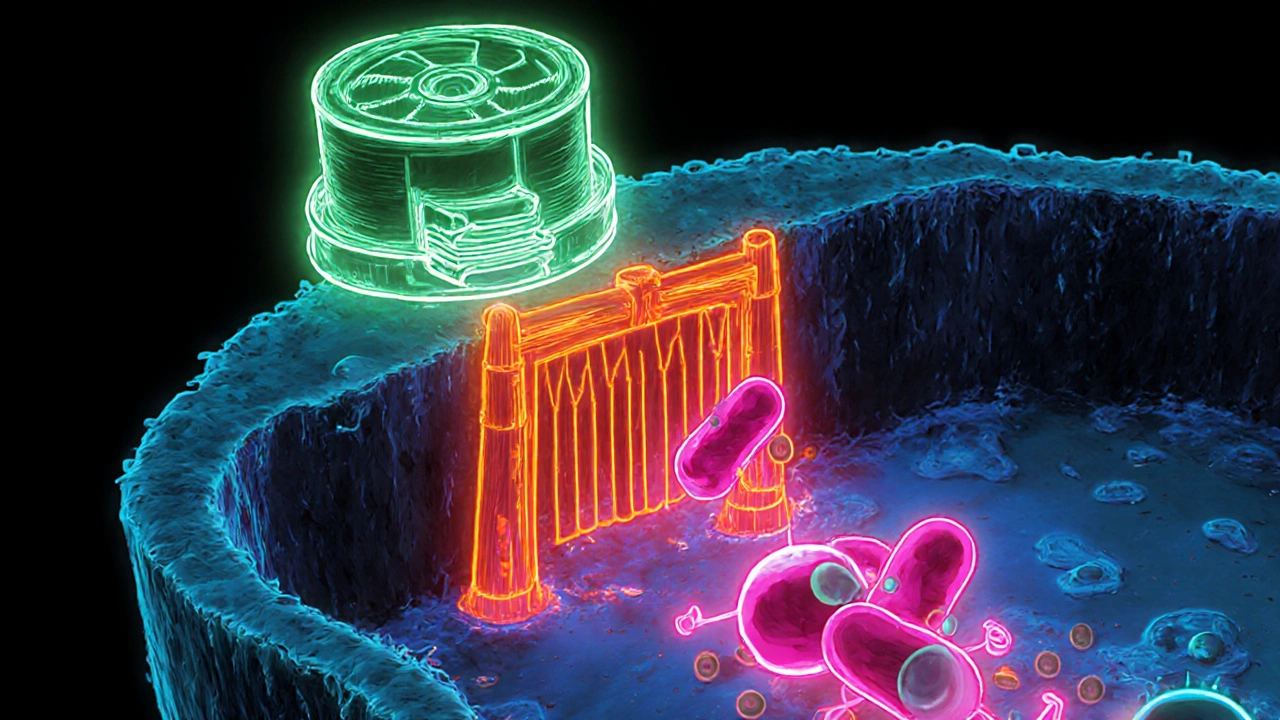 Cellular view of CYP3A4 and P‑gp blocked by macrolide, trapping colchicine.