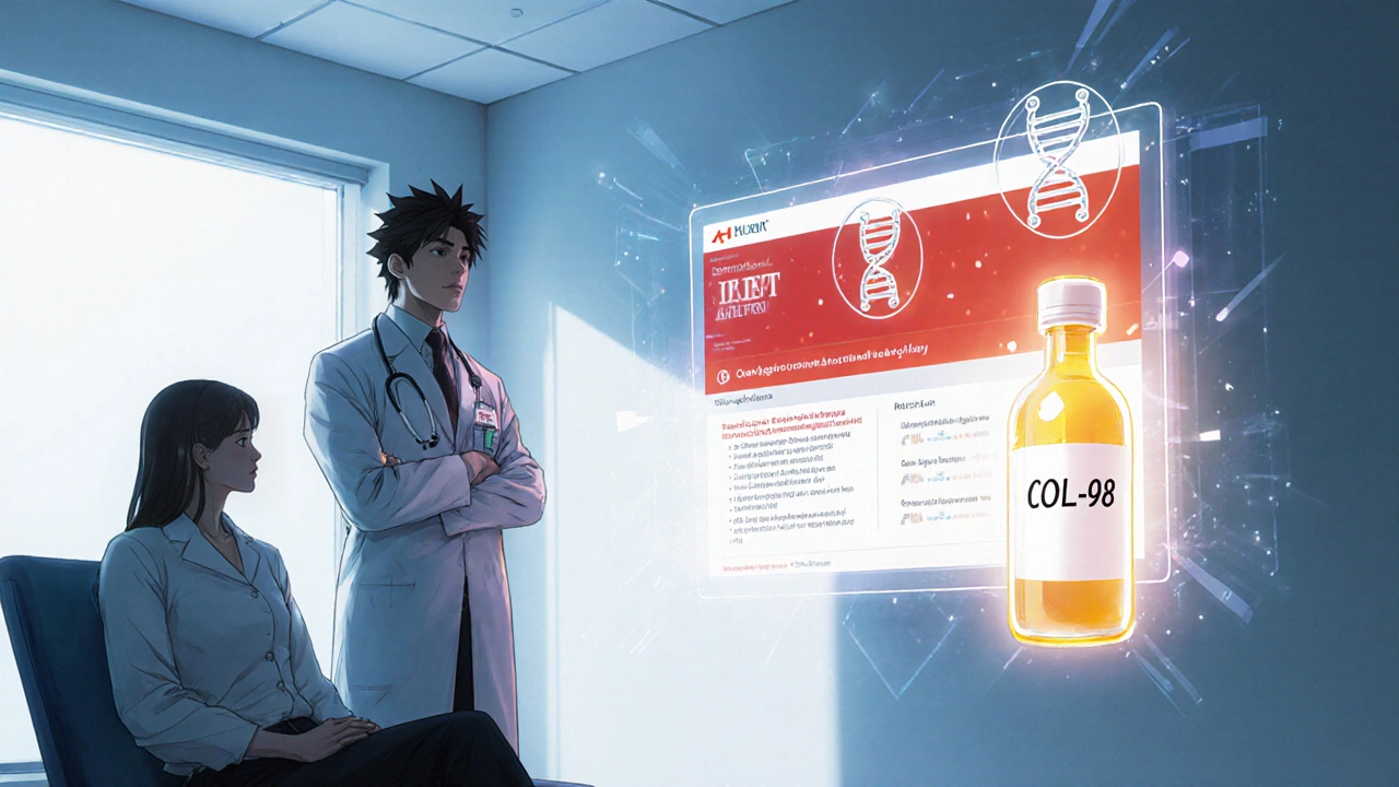 Clinician using holographic alert and genotype test to avoid toxicity.