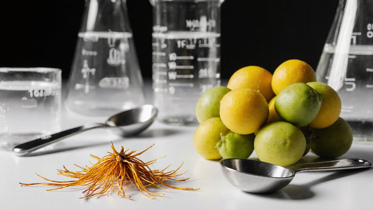 Close‑up of saffron stigmas and Tribulus fruits with gold and green accents on a lab bench.