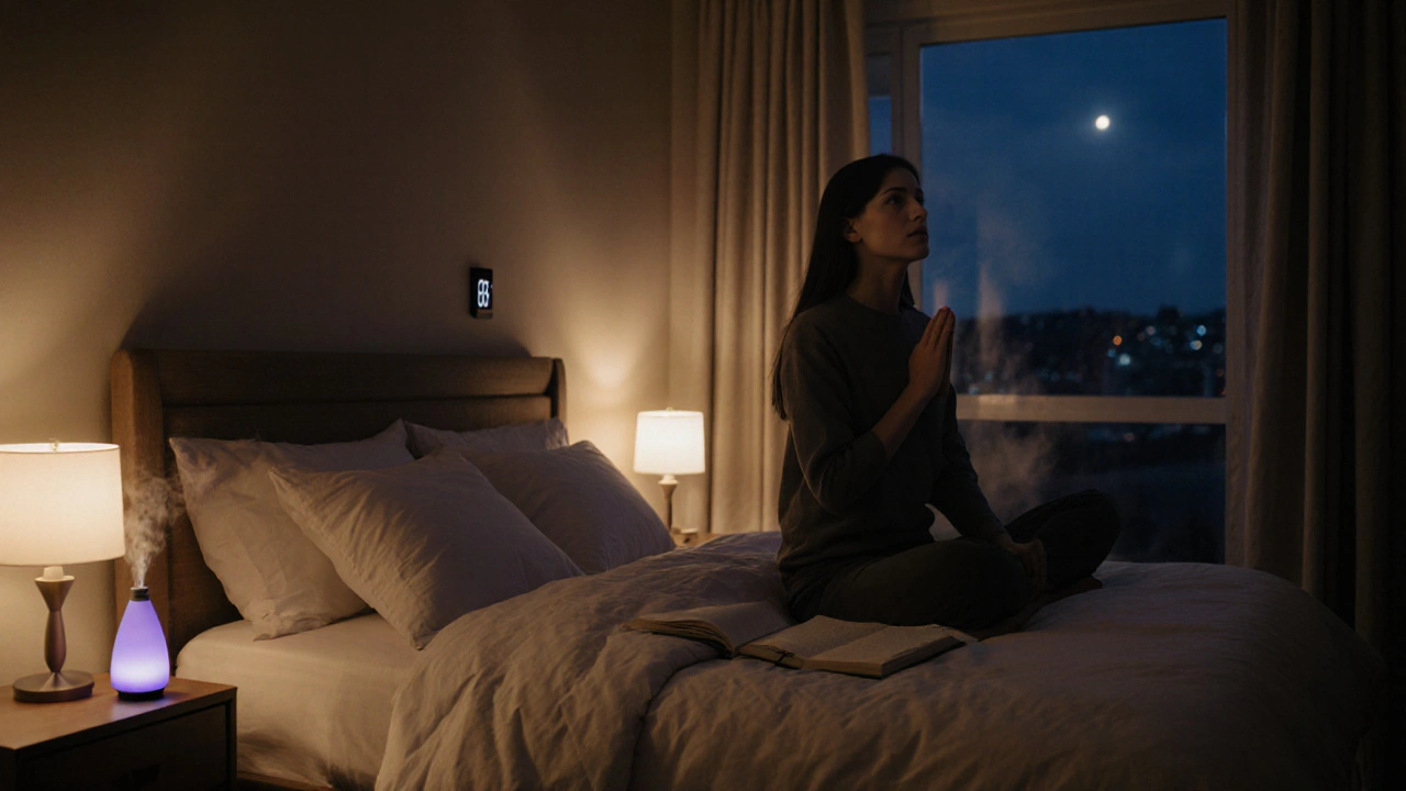 Cozy bedroom with dim lights, thermostat at 68°F, woman breathing, journal, and lavender mist.