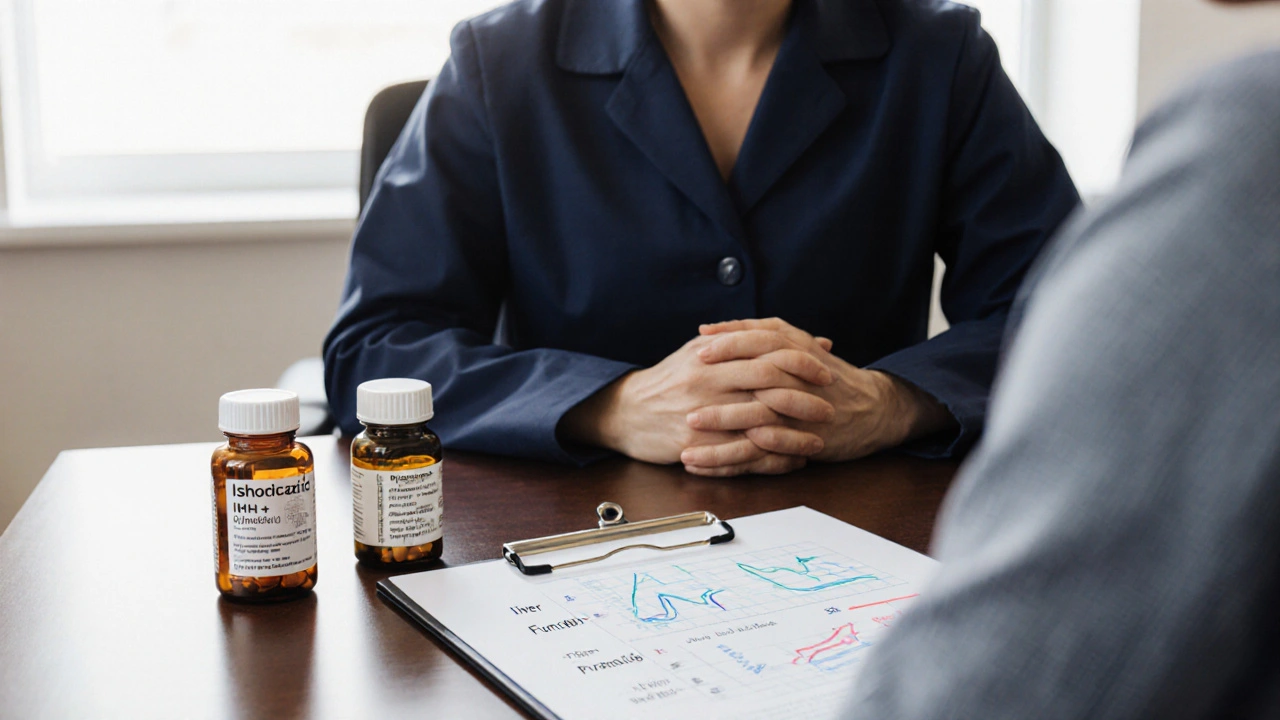 Doctor consulting patient with Isoniazid, pyridoxine, and liver test notes.