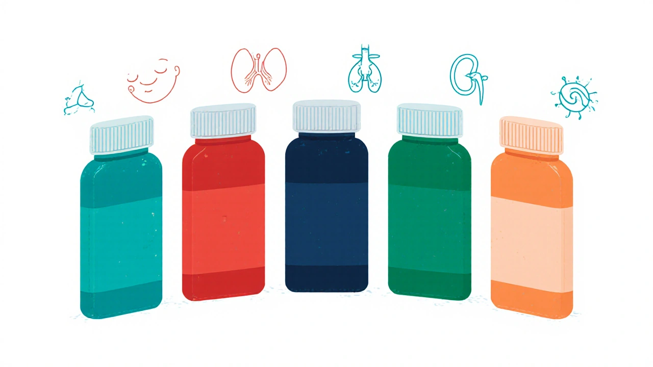 Five colorful pill bottles with subtle icons for lungs, heart failure, nitric oxide, and kidneys.