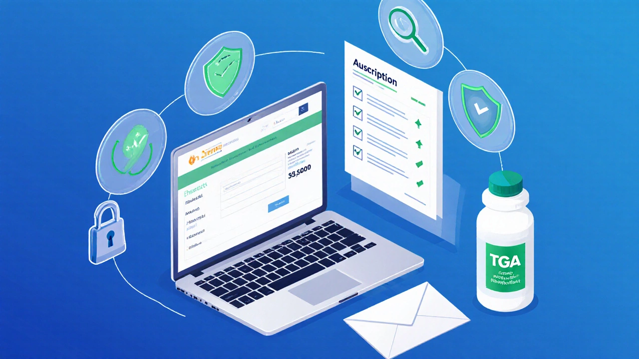 Flat‑lay of laptop checkout, prescription, TGA badge, and verification icons.