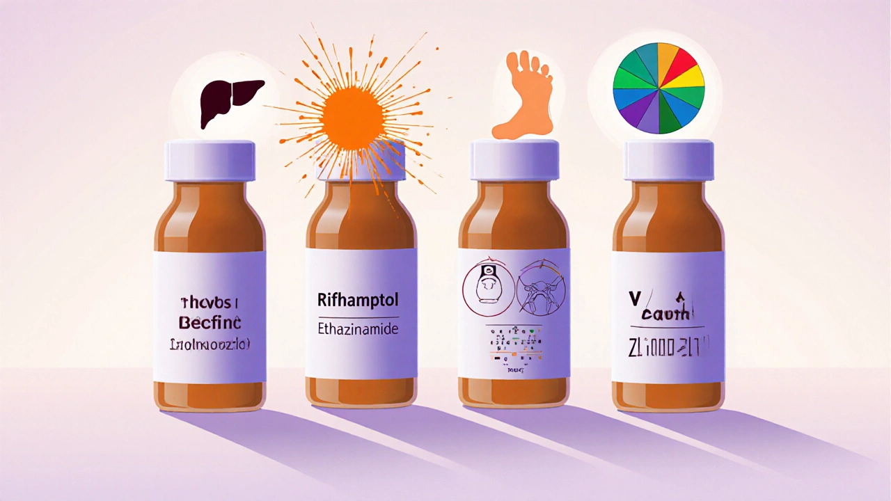 Four drug bottles with visual symbols for liver, orange fluids, vision, and gout.