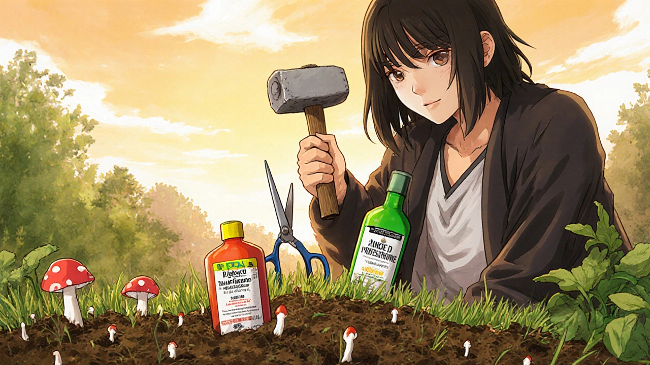 Garden metaphor showing scalp as garden with shampoo bottles as tools.