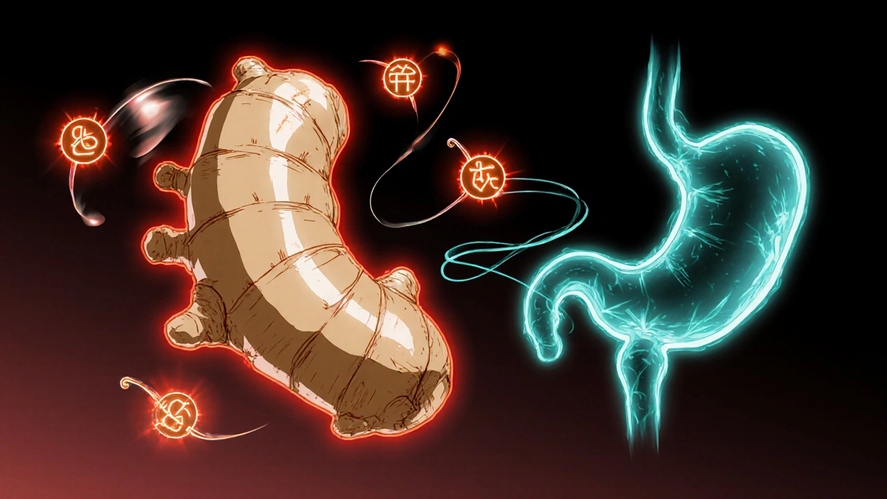 Glowing ginger root with swirling symbols and a stomach illustration showing relief.