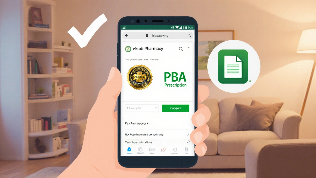 Hand holding smartphone showing online pharmacy site with TGA badge and PBS logo.