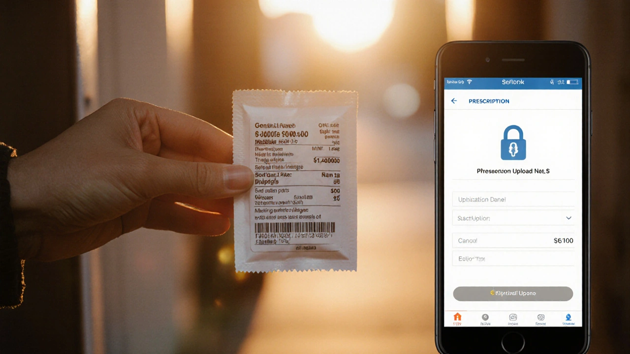 Hand receiving a parcel with a pharmacy label and a phone showing a secure checkout.