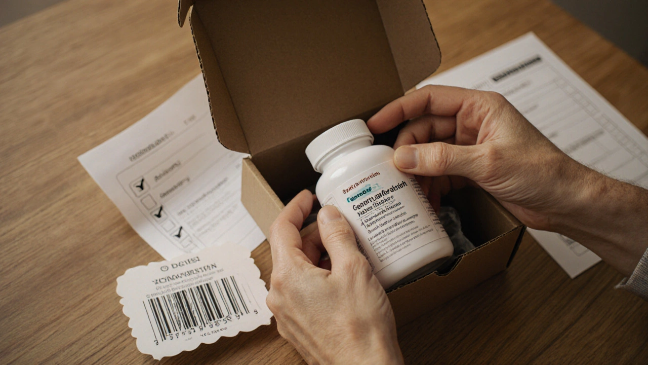 Hands opening a discreet box, revealing a generic tablet bottle and checklist.