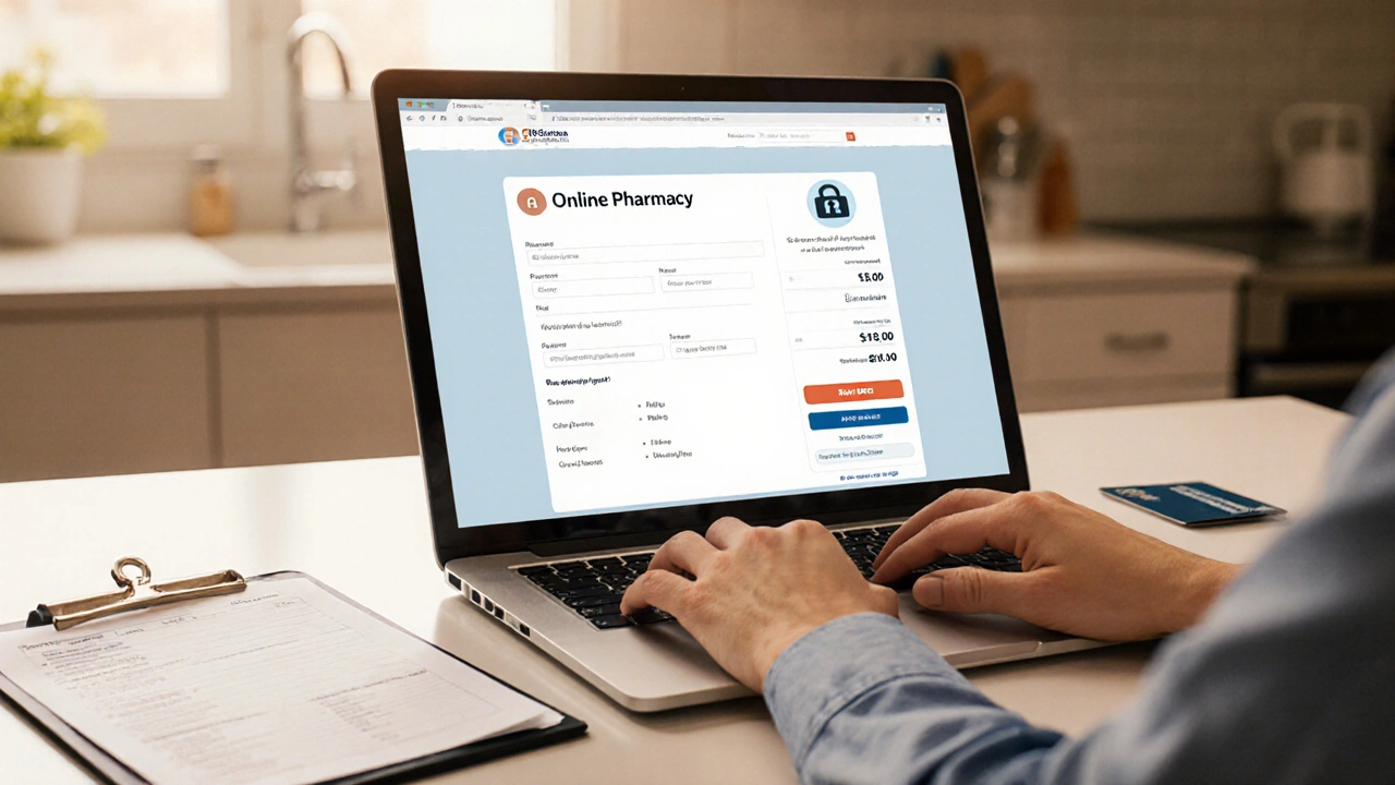 Hands using a laptop for online pharmacy checkout with a prescription and credit card nearby.