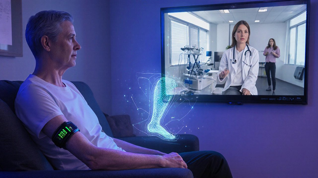 Home tele‑rehab session with wearable sensors and therapist video call.