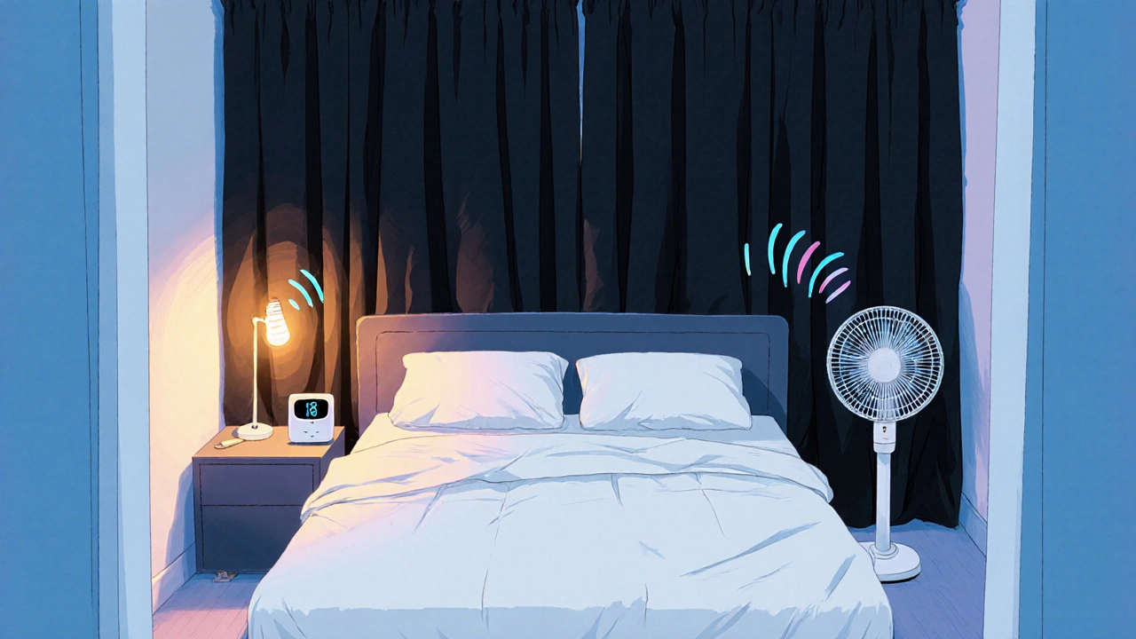 Ideal bedroom for shift workers featuring blackout curtains, white‑noise machine, thermostat set to 18 °C, and cozy bedding.