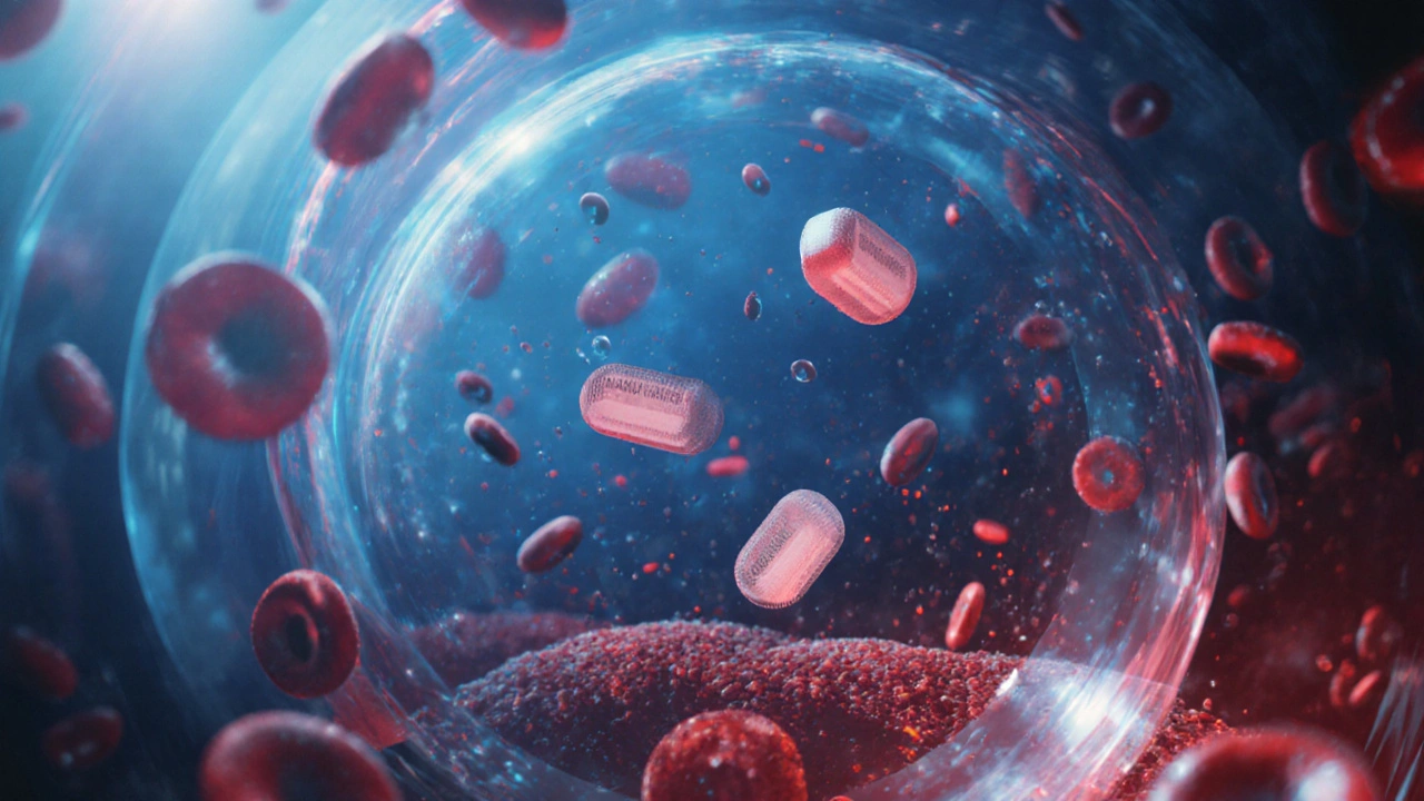 Illustration of blood flow showing tablets blocking platelets to prevent clotting.