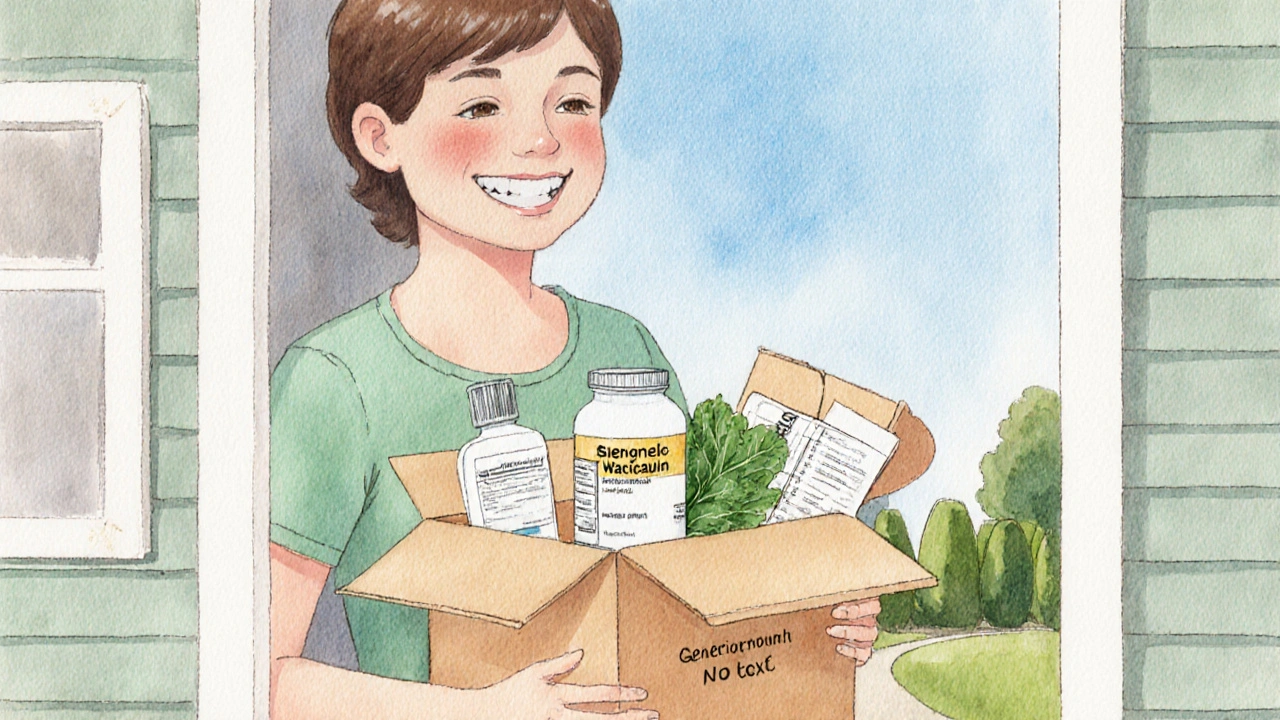 Individual opening package with warfarin bottle and INR test kit on doorstep.
