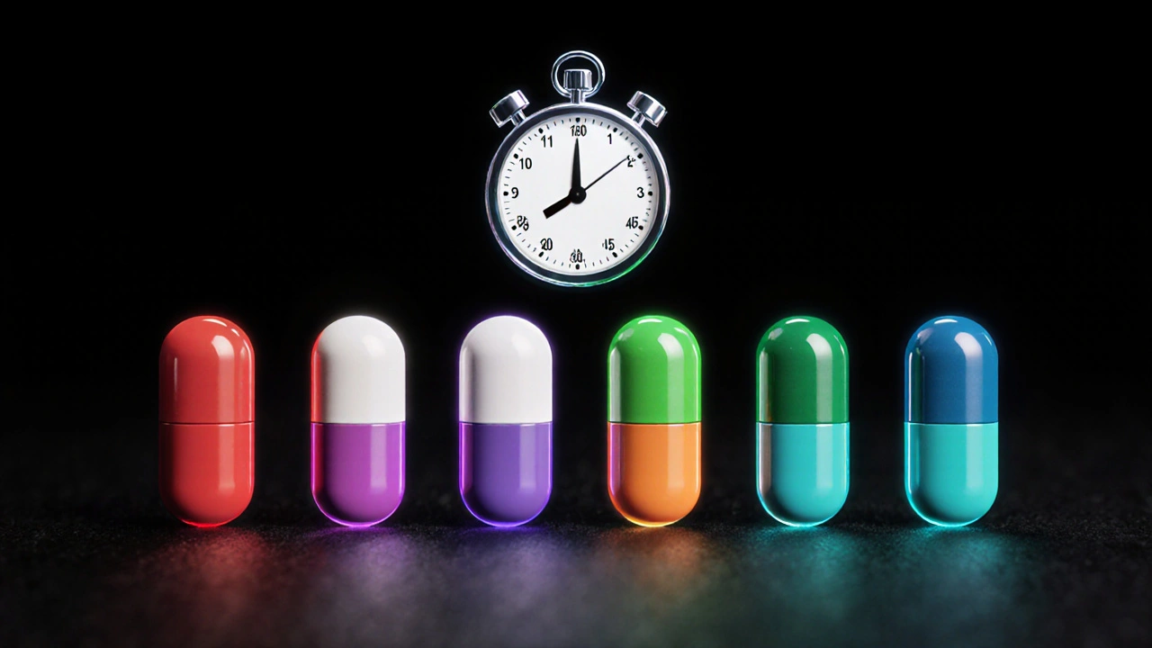 Lineup of six different ED pills, each with a colored glow and a translucent stopwatch above them.
