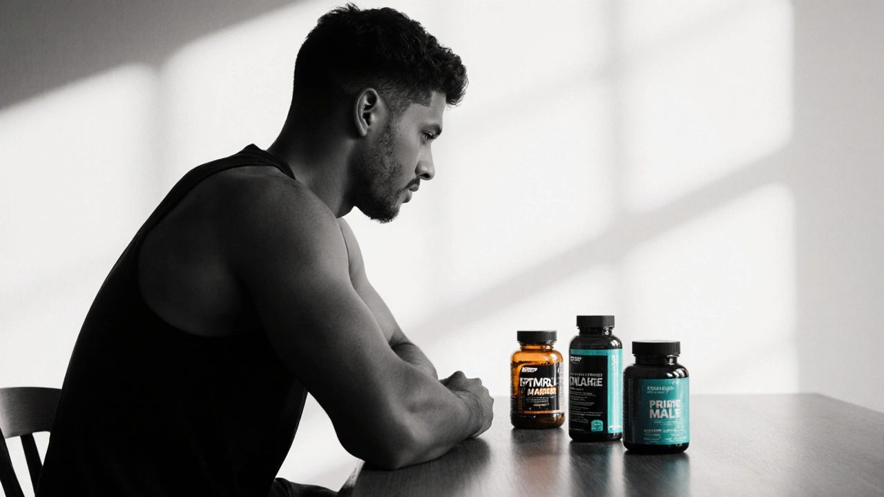 Man comparing supplement bottles, one highlighted with amber glow on a desk.