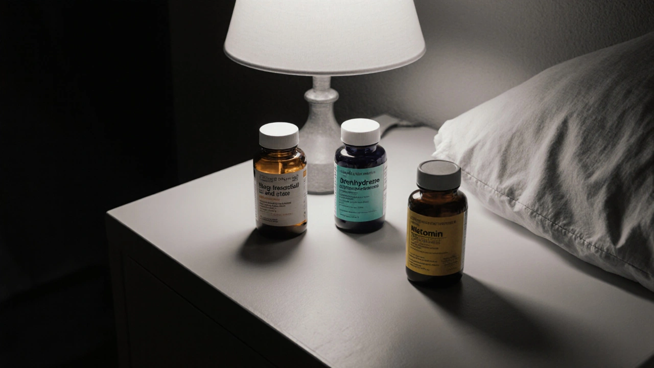 Nightstand displaying hydroxyzine, diphenhydramine, and melatonin bottles.