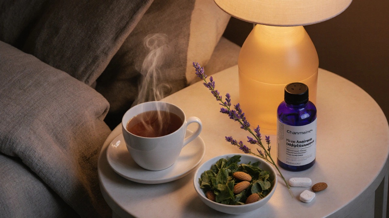 Nightstand with chamomile tea, almonds, magnesium pills, melatonin tablet, and lavender.