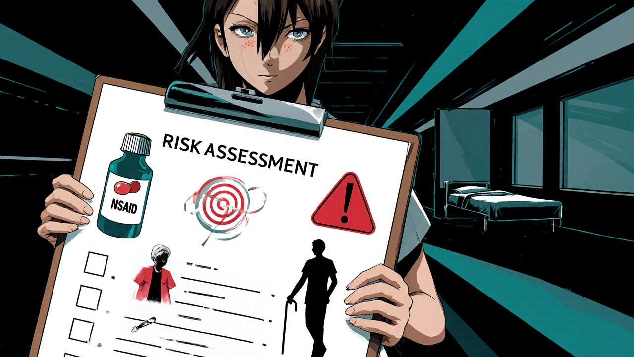 Nurse holds clipboard with icons representing ulcer risk factors.