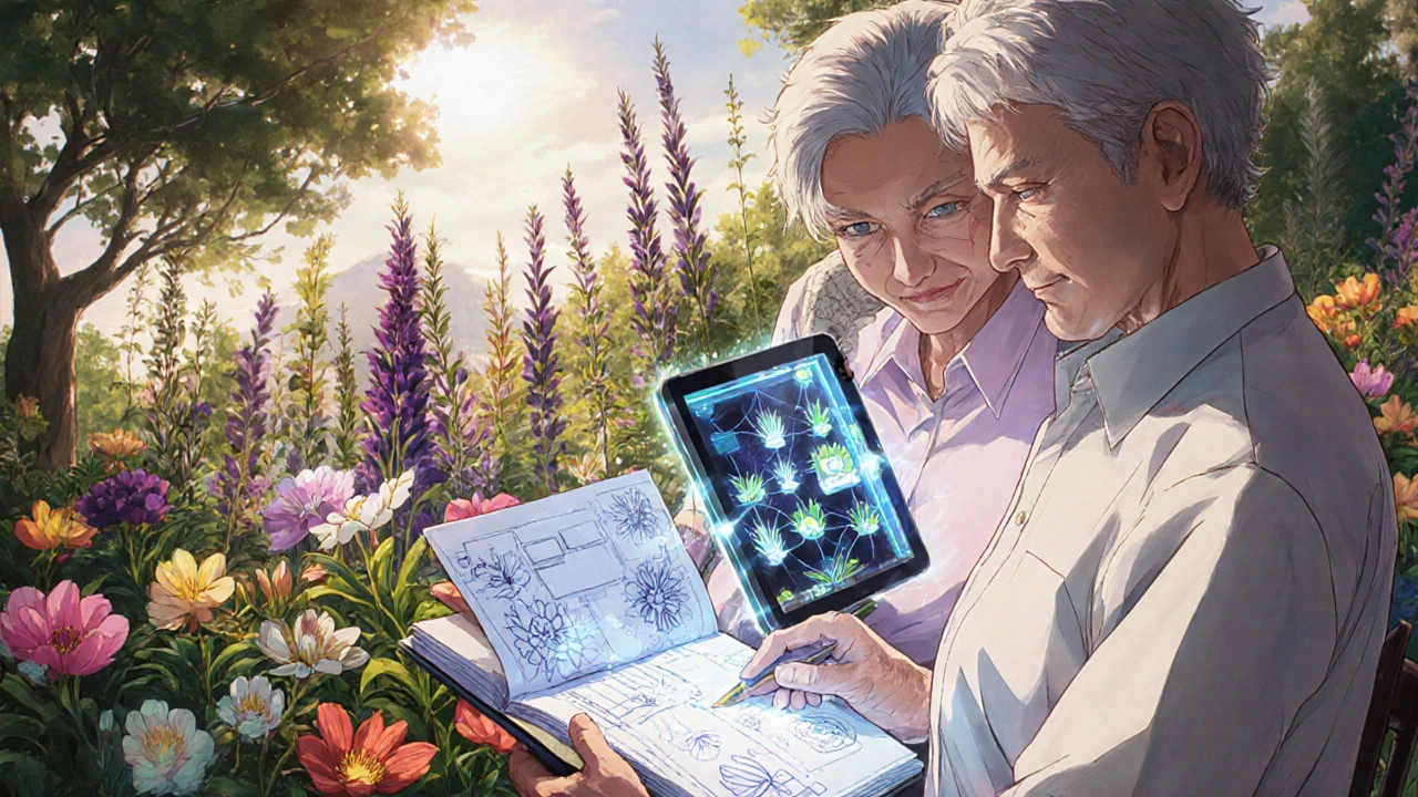 Older adults designing a garden together, using sketchbook and tablet, surrounded by vibrant flowers.