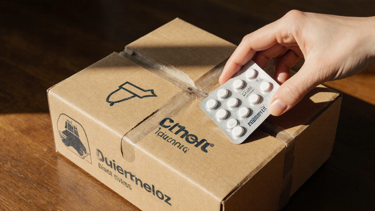 Open parcel with sealed blister pack of generic fluoxetine tablets on a table.