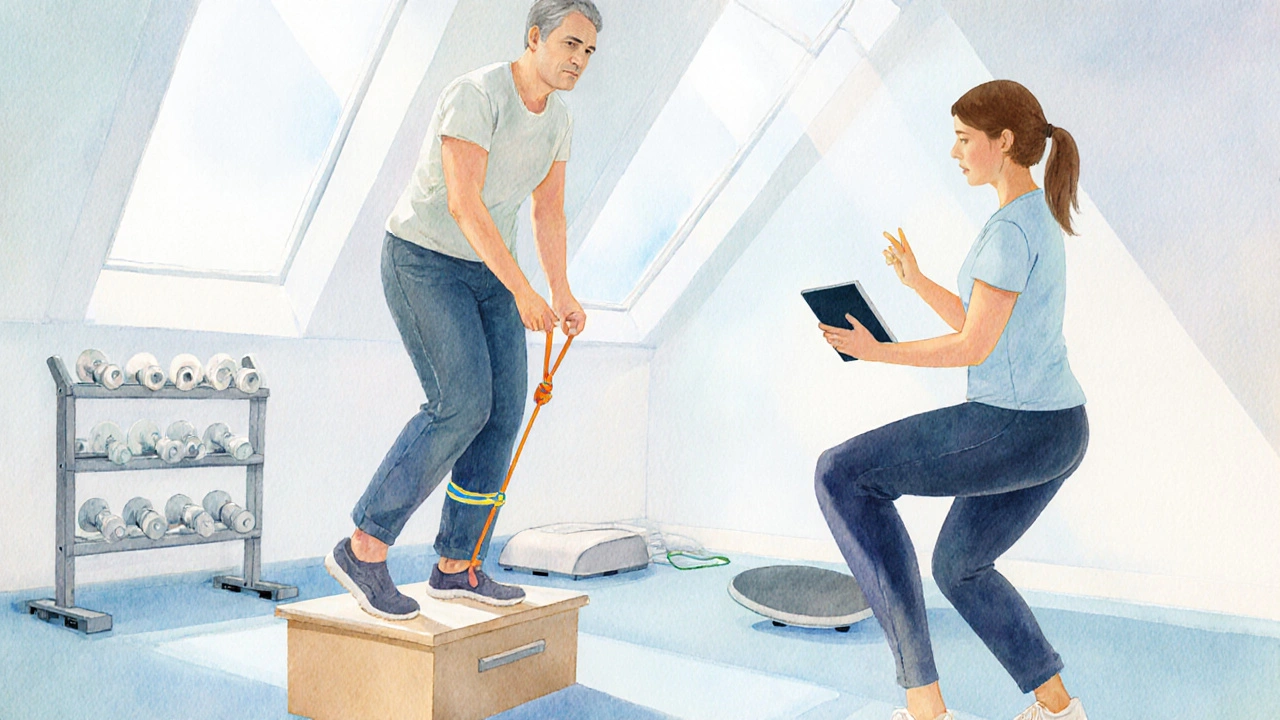 Patient performs safe heel‑raise exercise with therapist guidance in a gym.