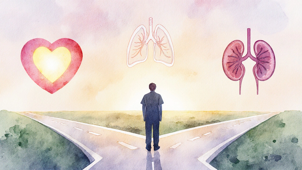 Patient silhouette at a crossroads pointing toward heart, lungs, and kidney symbols.