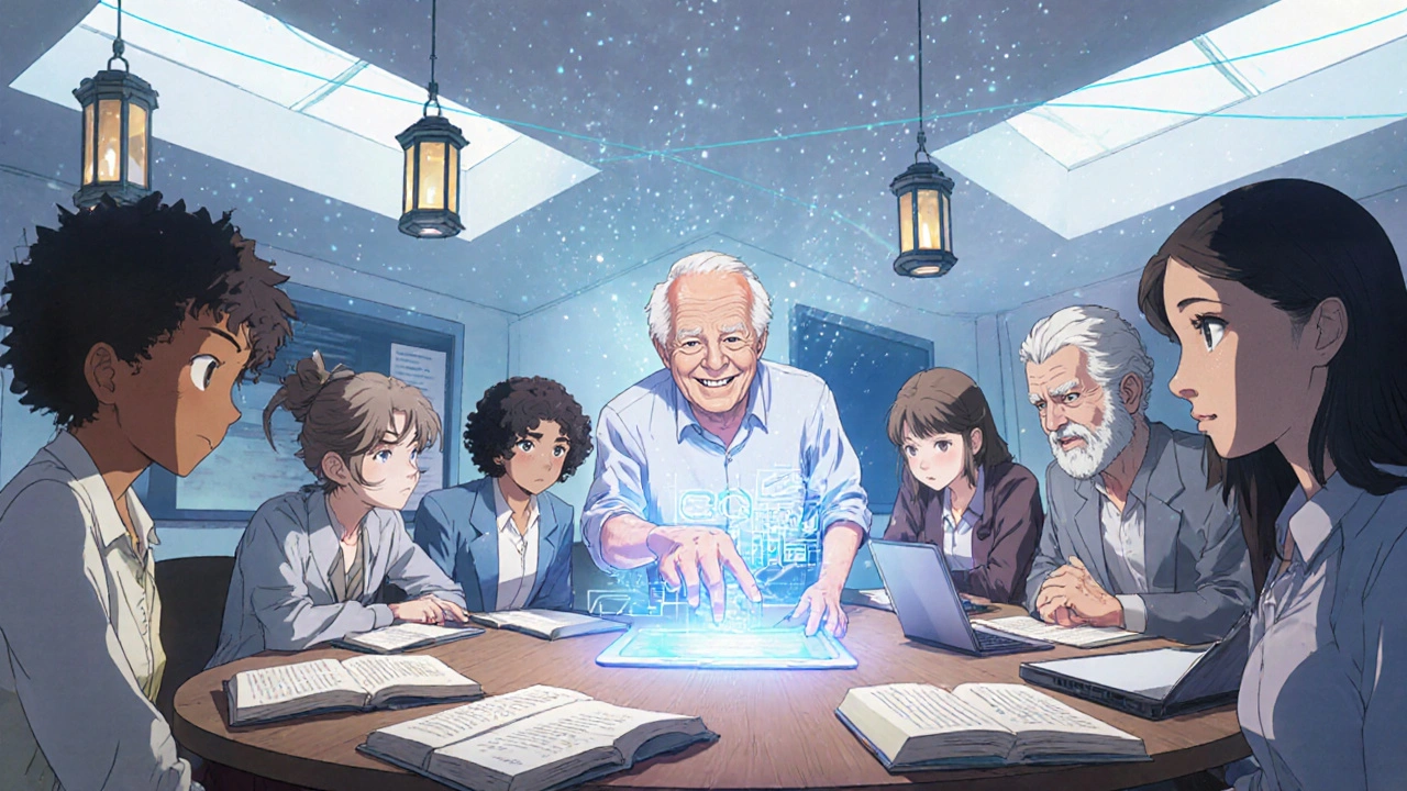 Seniors gathered around a table with books and laptops, illuminated by a blue knowledge glow.