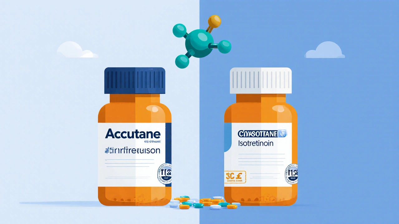 Side‑by‑side pill bottles of brand Accutane and generic isotretinoin with molecular diagram.