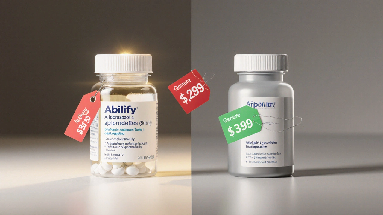 Side‑by‑side view of brand and generic pill bottles with contrasting price tags.