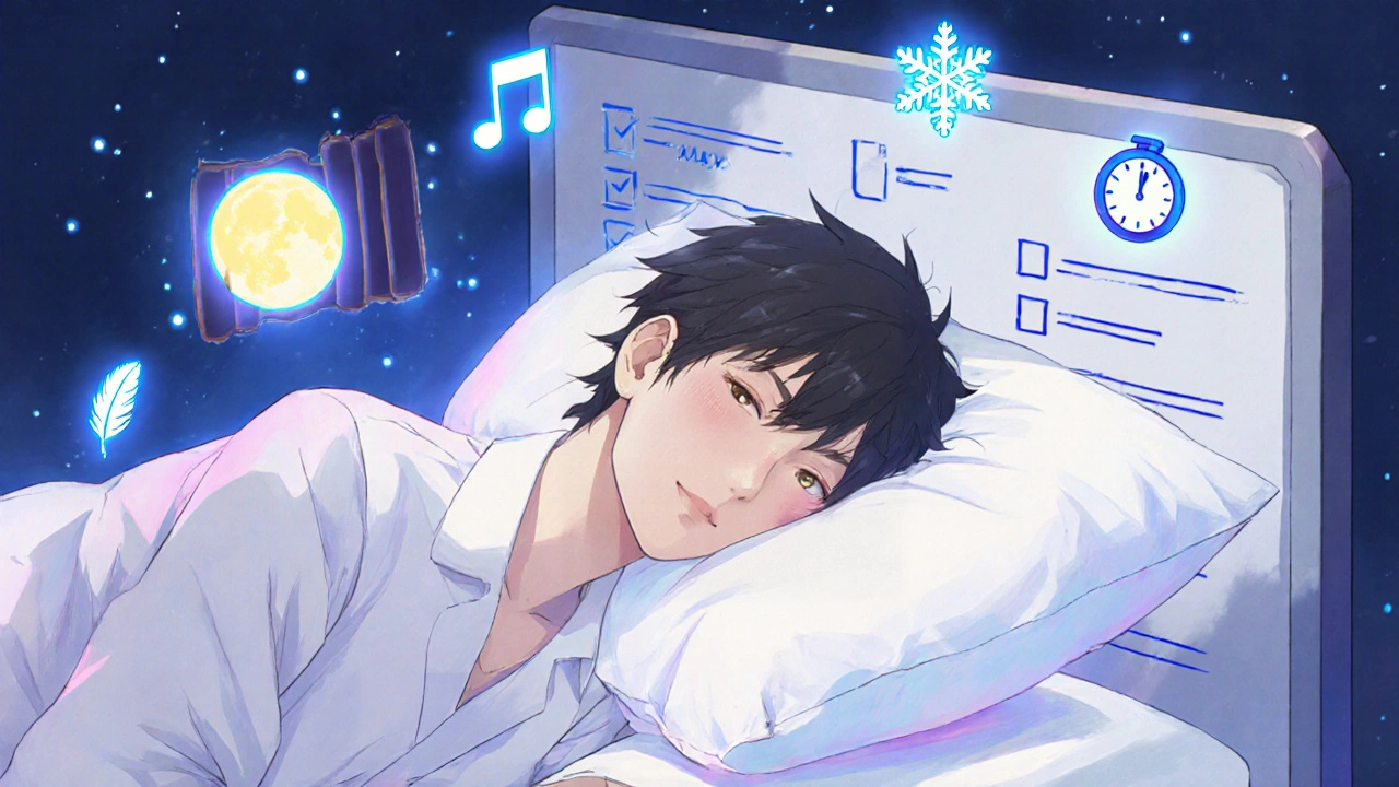 Sleeping night‑shift worker surrounded by icons of light control, noise reduction, temperature, bedding, and routine.