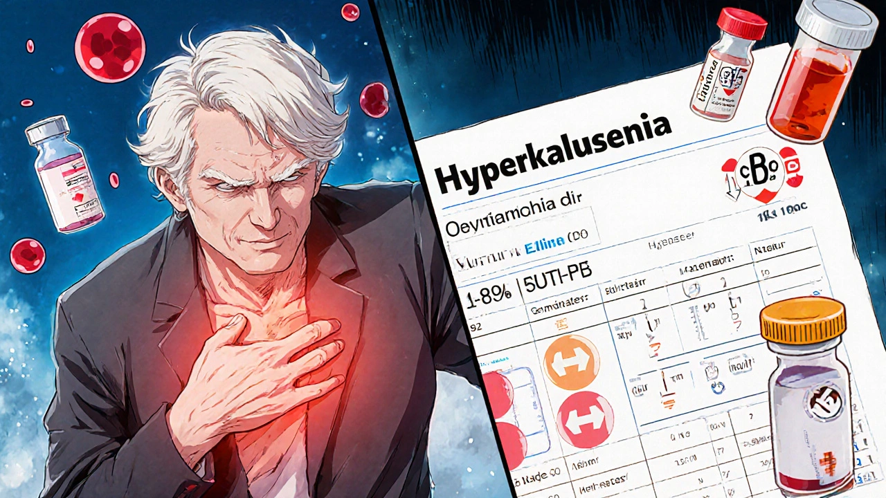 Split panel showing hyperkalemia symptoms and lab results for blood‑cell suppression.