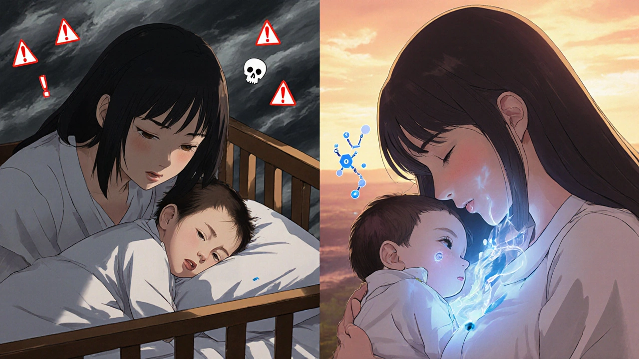 Split scene: a worried mother beside her sleeping baby with warning symbols on one side, and a calm mother nursing with protective blue light on the other.