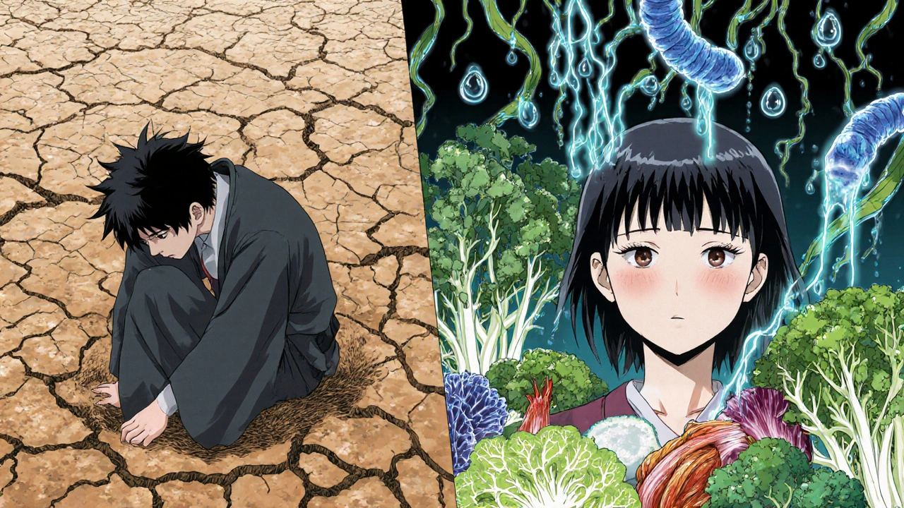 Split scene: despairing figure on dry earth vs. healthy figure surrounded by fermented foods and healing bacteria.