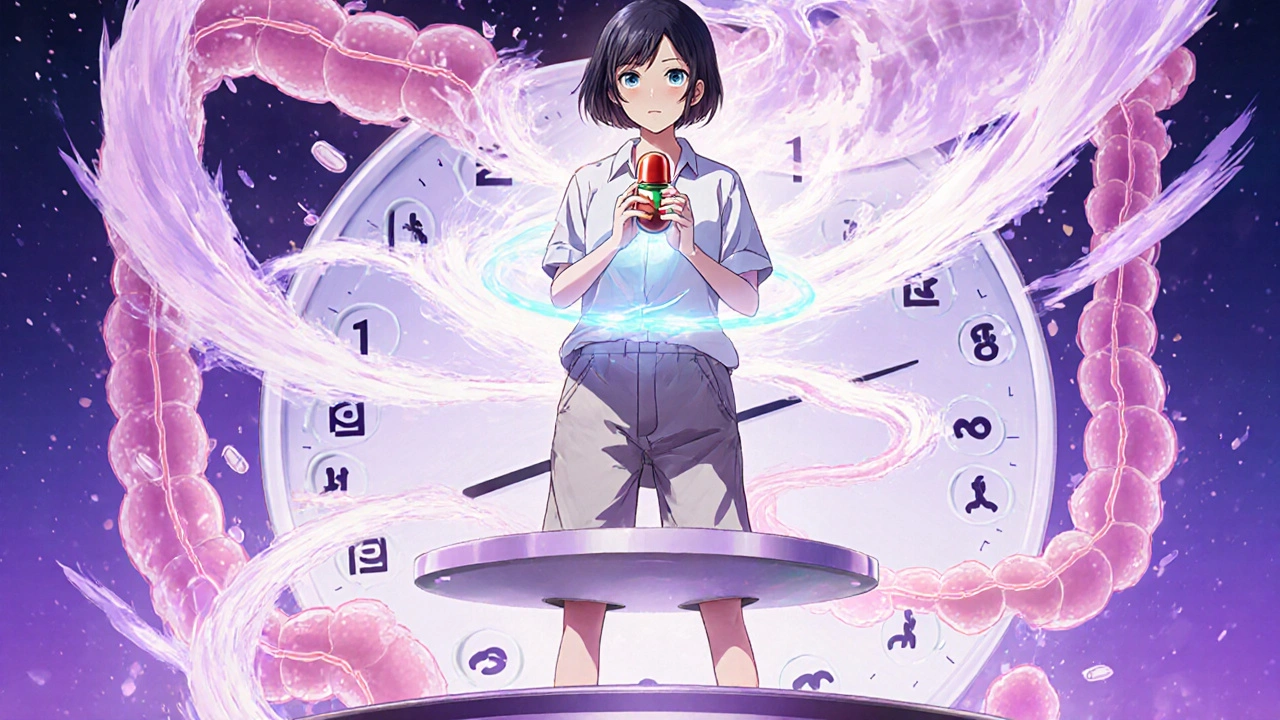 Woman holding a probiotic capsule inside her digestive tract, with time and bowel movement icons appearing around her.