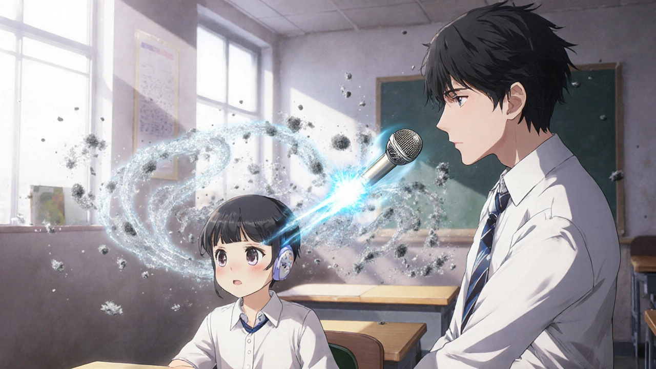 A child in class hears the teacher clearly as a floating microphone transmits bright sound waves through swirling noise particles.