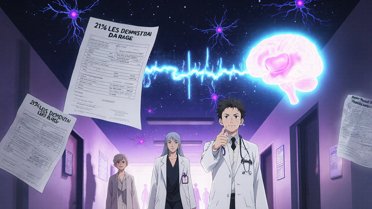 A doctor holds a statin pill that becomes a bridge between heart and brain, symbolizing protection against dementia.