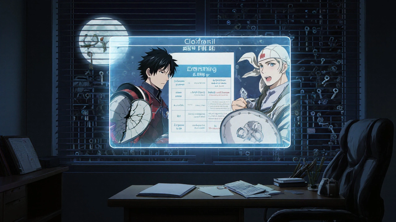 A floating medical chart comparing Clofranil and SSRIs as characters in a psychiatrist&#039;s office at night.