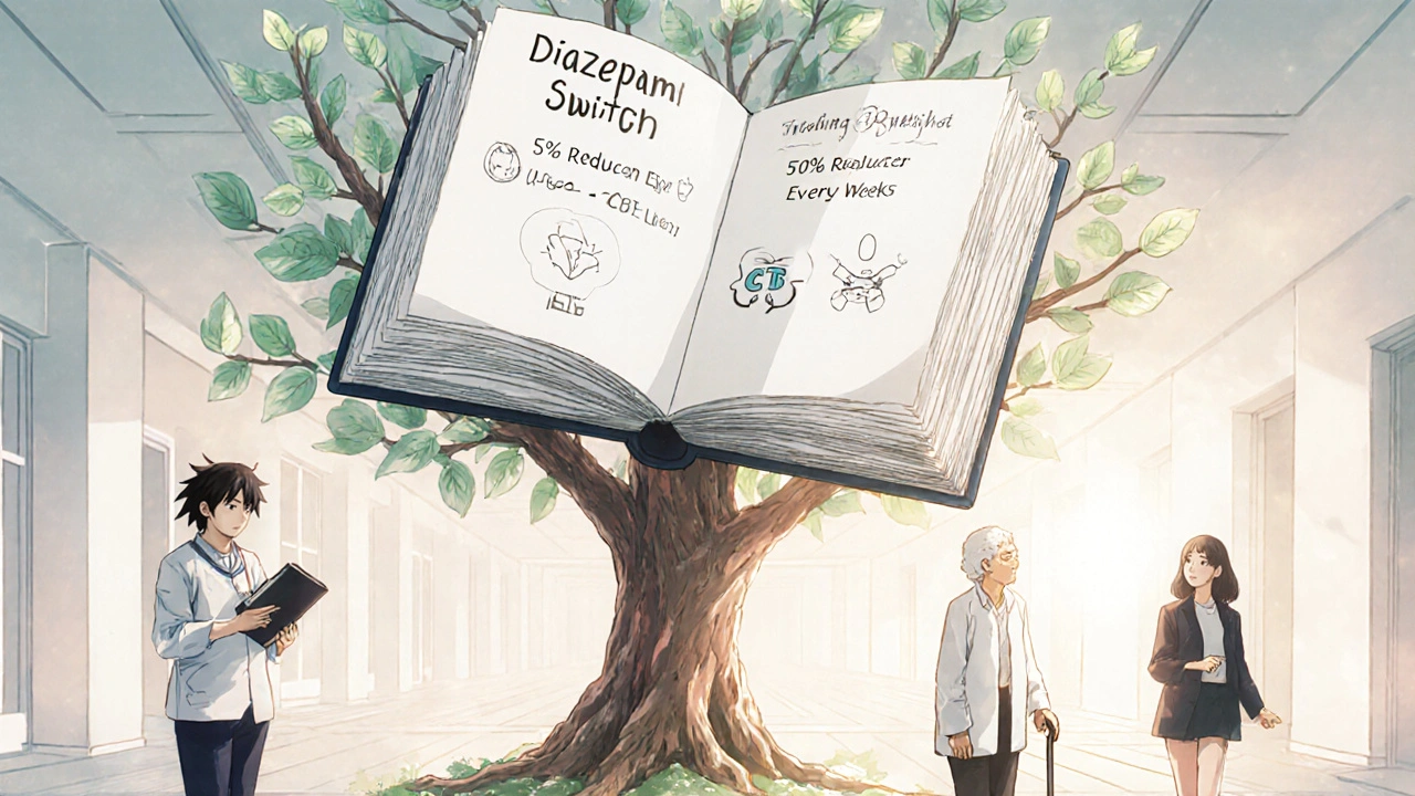 A floating medical journal transforms into a tree showing tapering steps, with diverse patients walking different paths under dawn light.