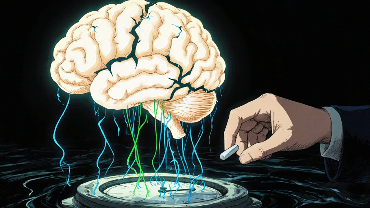 A fractured brain-lantern mends with healing energy as withdrawal shadows recede, symbolizing recovery through therapy and support.