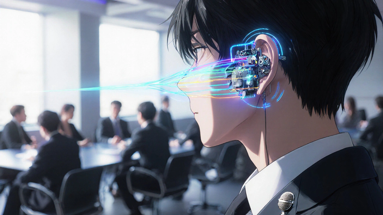 A futuristic hearing aid with embedded mic filters multiple voice streams into one clear beam of sound in a crowded meeting room.