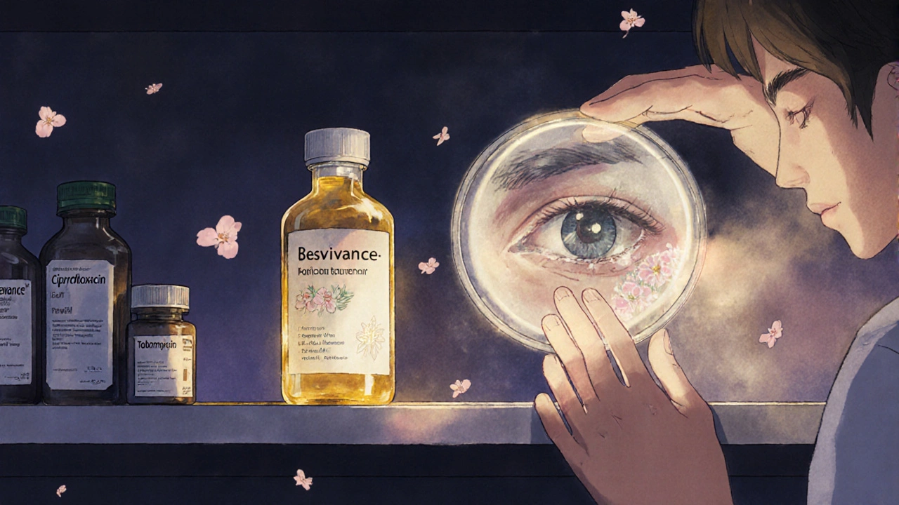 A glowing Besivance bottle on a shelf beside dimmer generics at twilight.