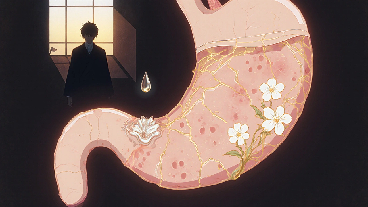 A healing stomach lining glowing with golden threads as alcohol fades away, symbolizing recovery after 30 days.